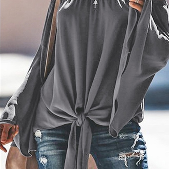 So cute! Grey long sleeve off the shoulder top! - Picture 3 of 5